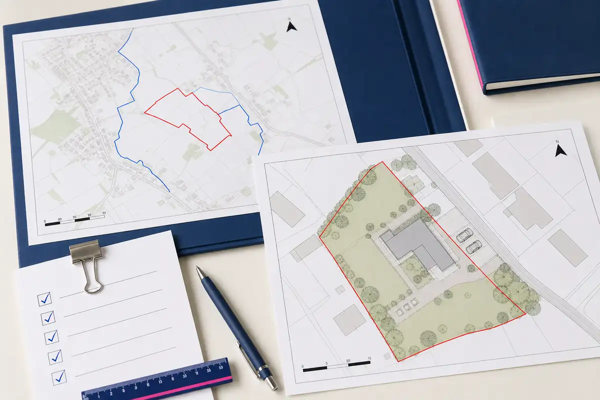 Planning application location and site maps with red and blue boundaries beside a completed submission checklist