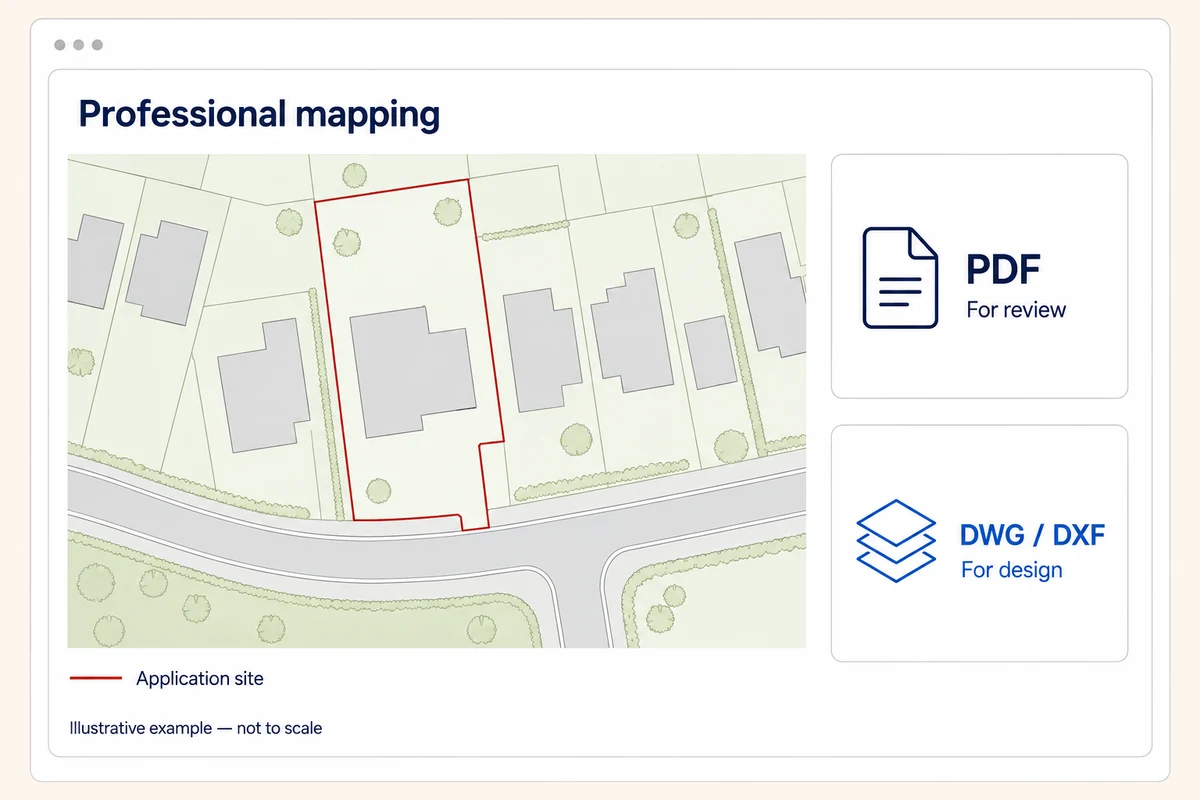 Illustrative professional mapping with a red application-site boundary, alongside PDF review and DWG/DXF design file options.