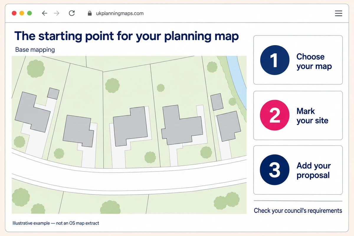 Illustrative base map showing buildings, roads and land, alongside three steps: choose your map, mark your site and add your proposal. Not an OS map extract.