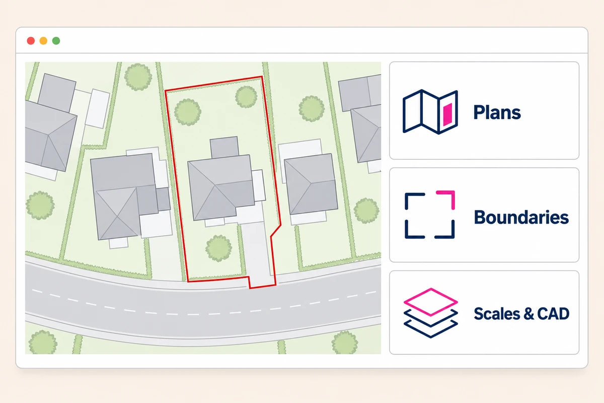 Illustrated planning map with a red site boundary alongside guides to plans, boundaries, scales and CAD.