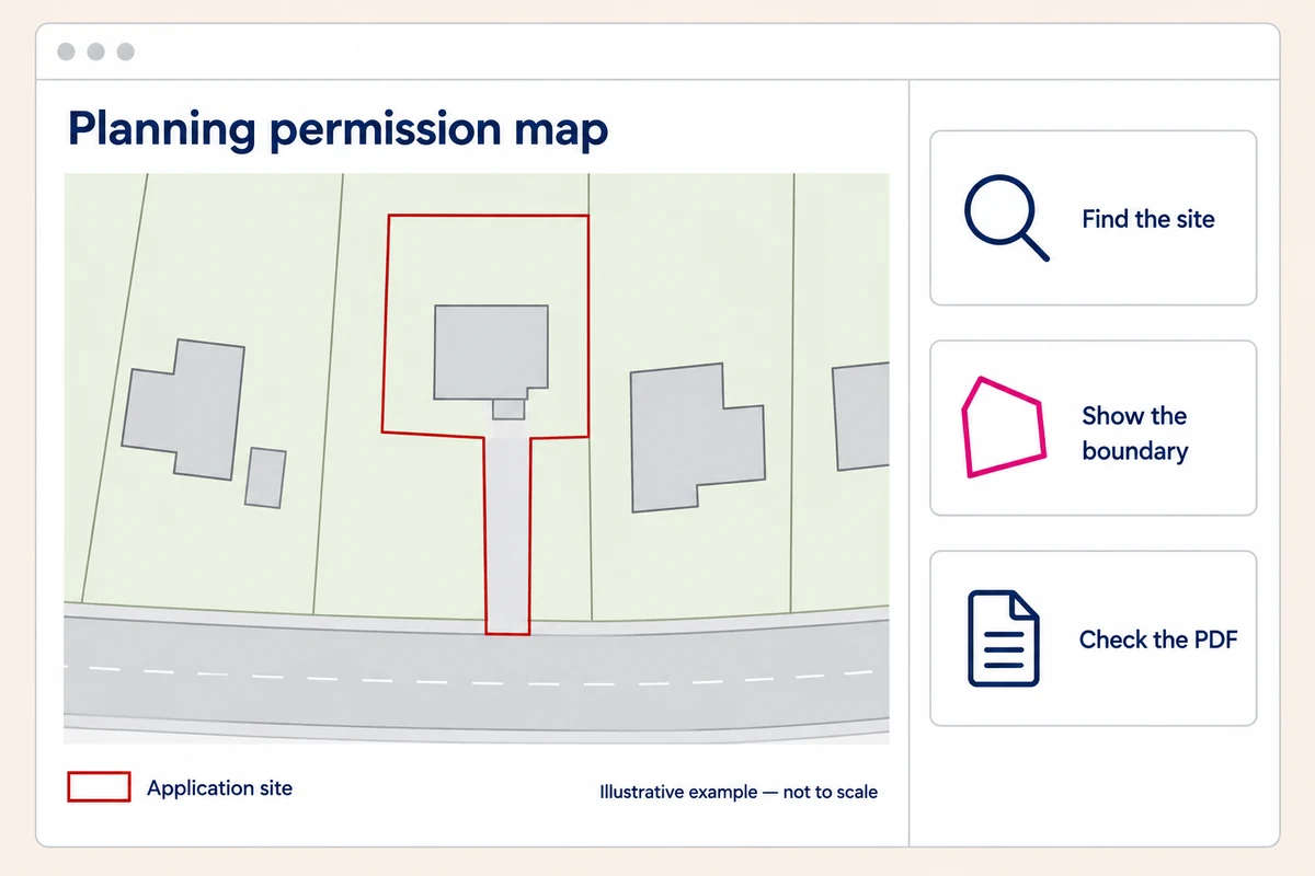 Illustrative planning map with a red boundary enclosing a rear property and its full driveway to the road, alongside site, boundary and PDF checks.