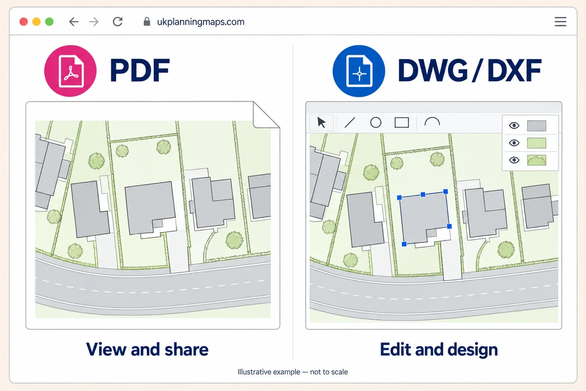 Illustrative comparison of a PDF map for viewing and sharing with an editable DWG or DXF map showing selected building features and layer controls.