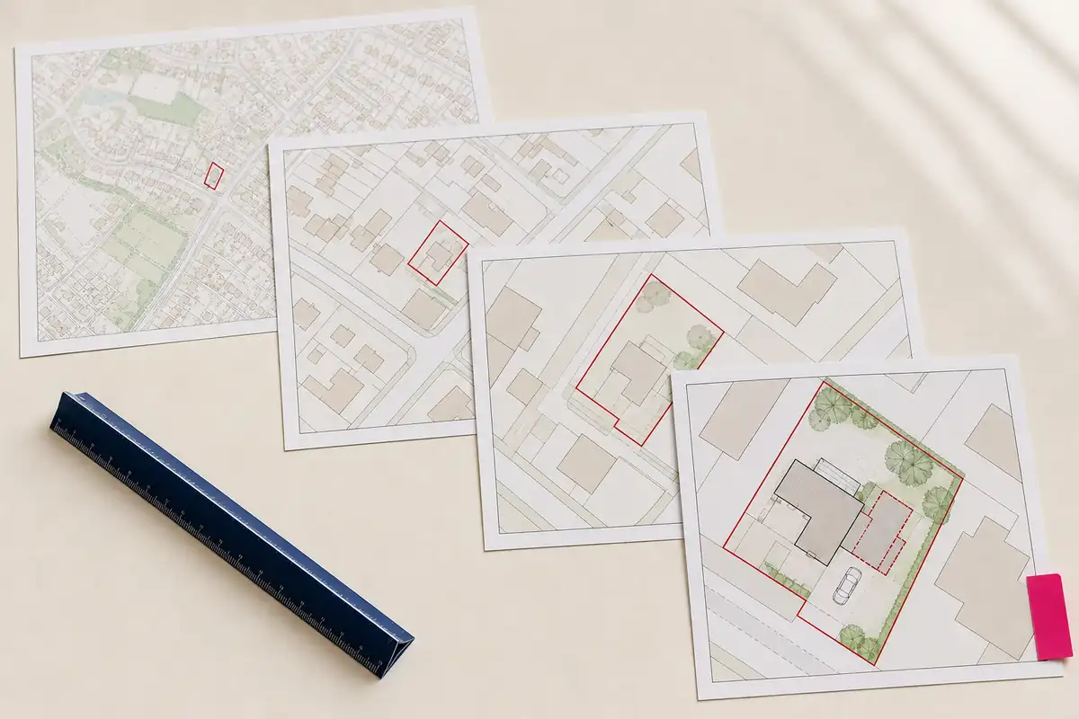 Four planning maps showing the same site at progressively closer scales from location plan to block plan