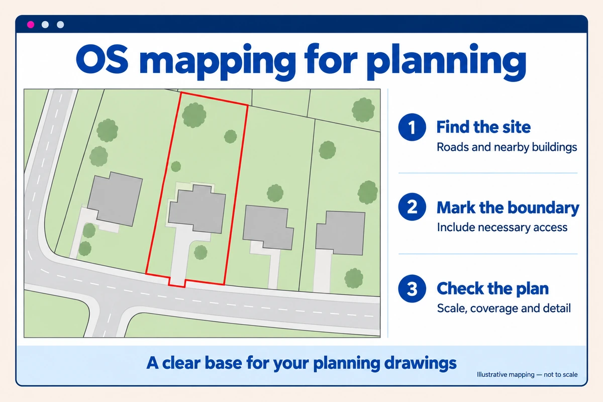 Illustrative planning map showing a house, garden and driveway within a red boundary, with guidance to find the site, mark the boundary and check the plan.