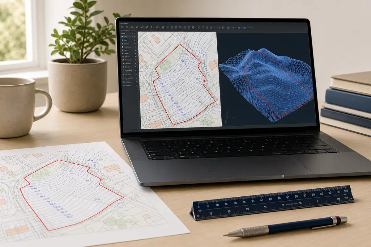 DXF site map with contour lines and a matching three-dimensional terrain model