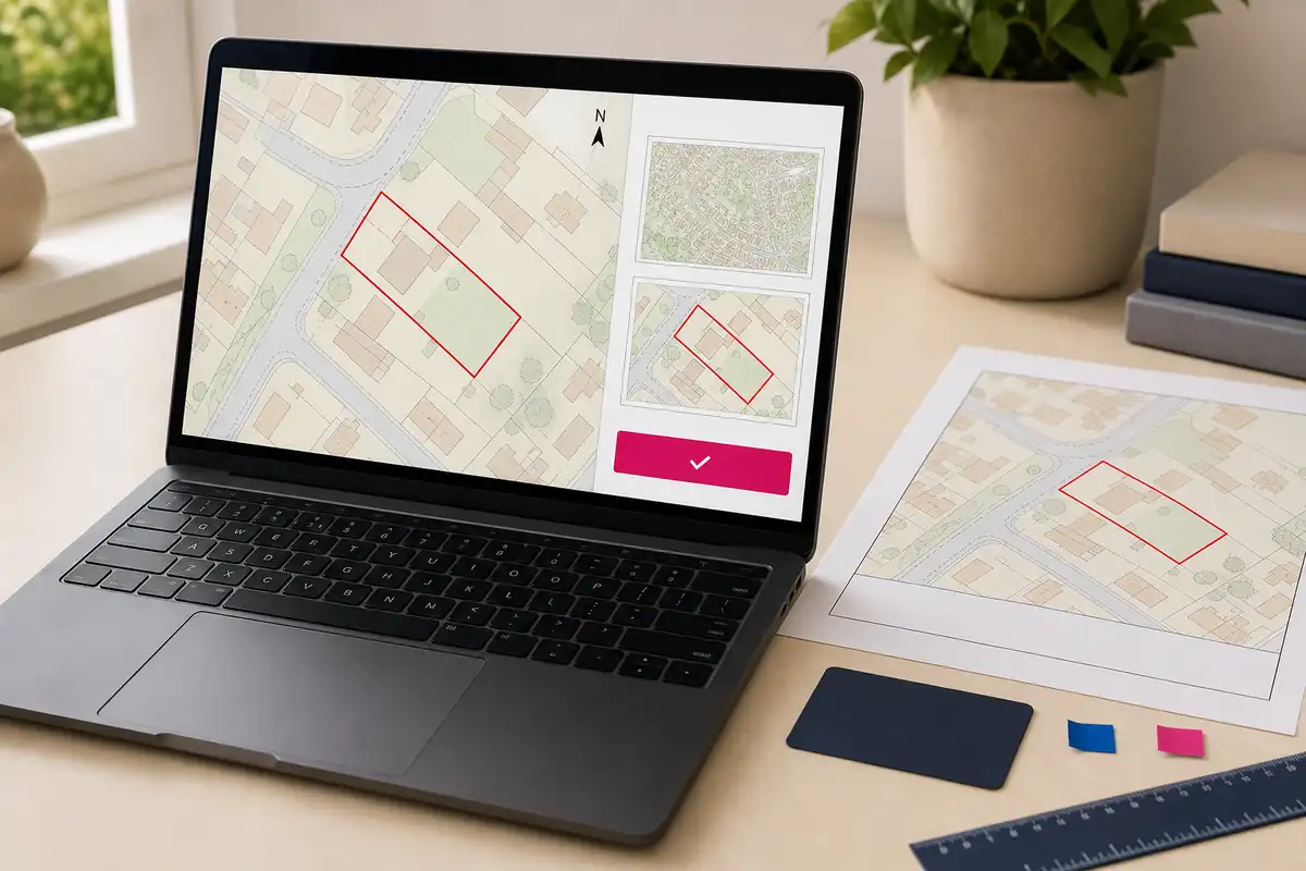 Online OS planning map selection on a laptop beside the completed printed plan