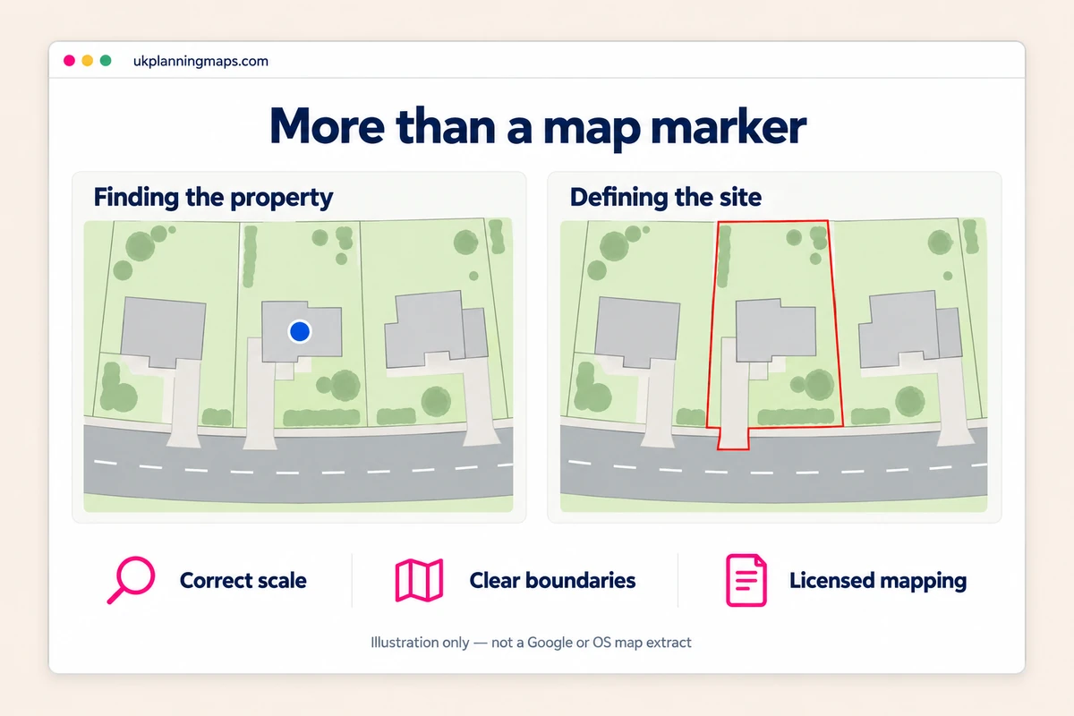 Illustration comparing a point marker on a house with a red outline around the application site, including its garden and access.