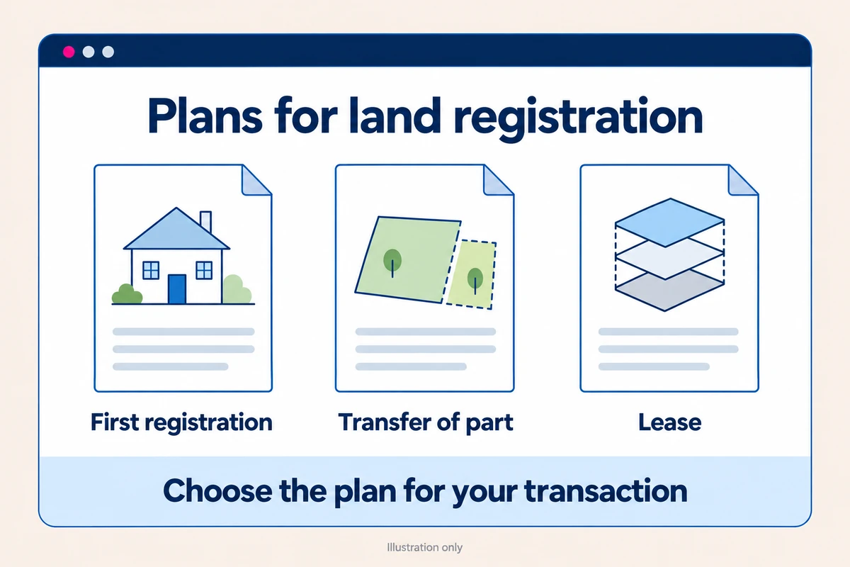 Illustrated documents representing first registration, a transfer of part and a lease, showing different land-registration plan needs.