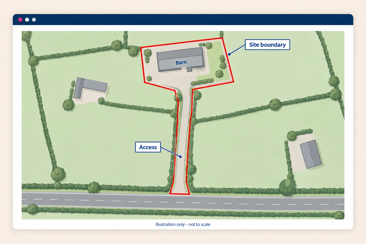 Illustrative rural map showing a barn, surrounding application land and an access track to the road within a red site boundary.