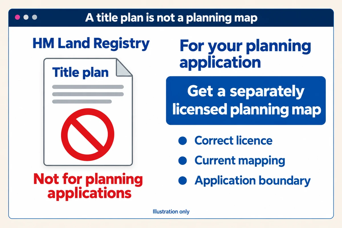 Title-plan document marked not for planning applications beside guidance to obtain a separately licensed planning map.