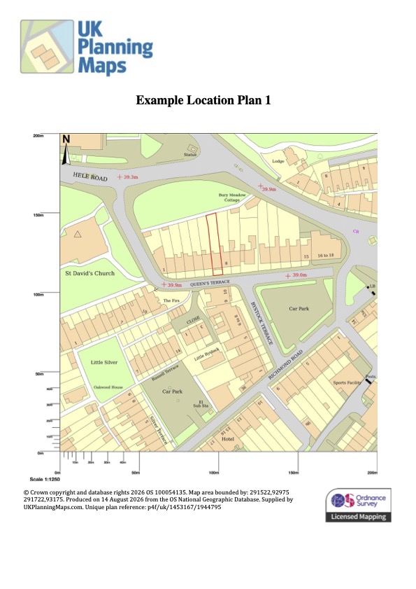 Acceptable 1:1,250 house location plan showing the whole residential property outlined in red.