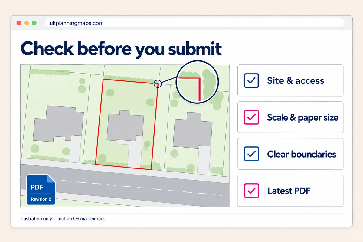 Illustrative site map with a red boundary and enlarged corner, alongside checks for site access, scale and paper size, clear boundaries and the latest PDF.