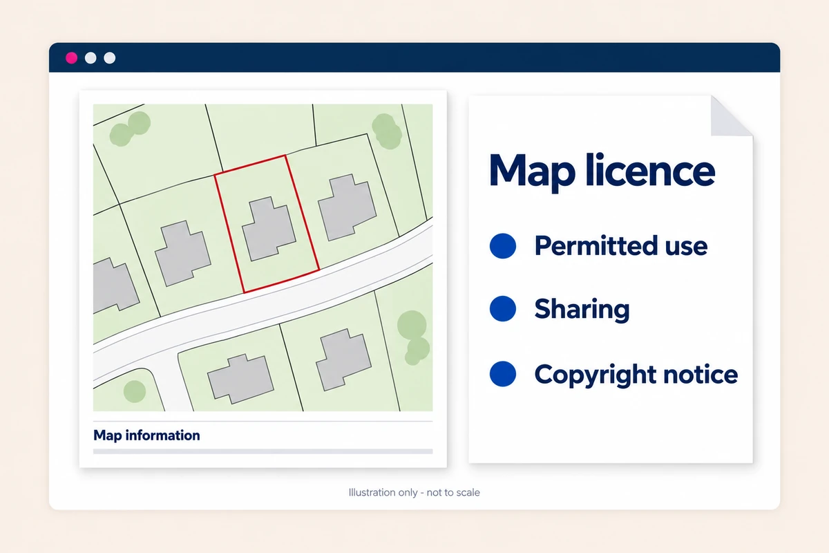 Illustrated planning map beside a map-licence checklist covering permitted use, sharing and copyright notices.