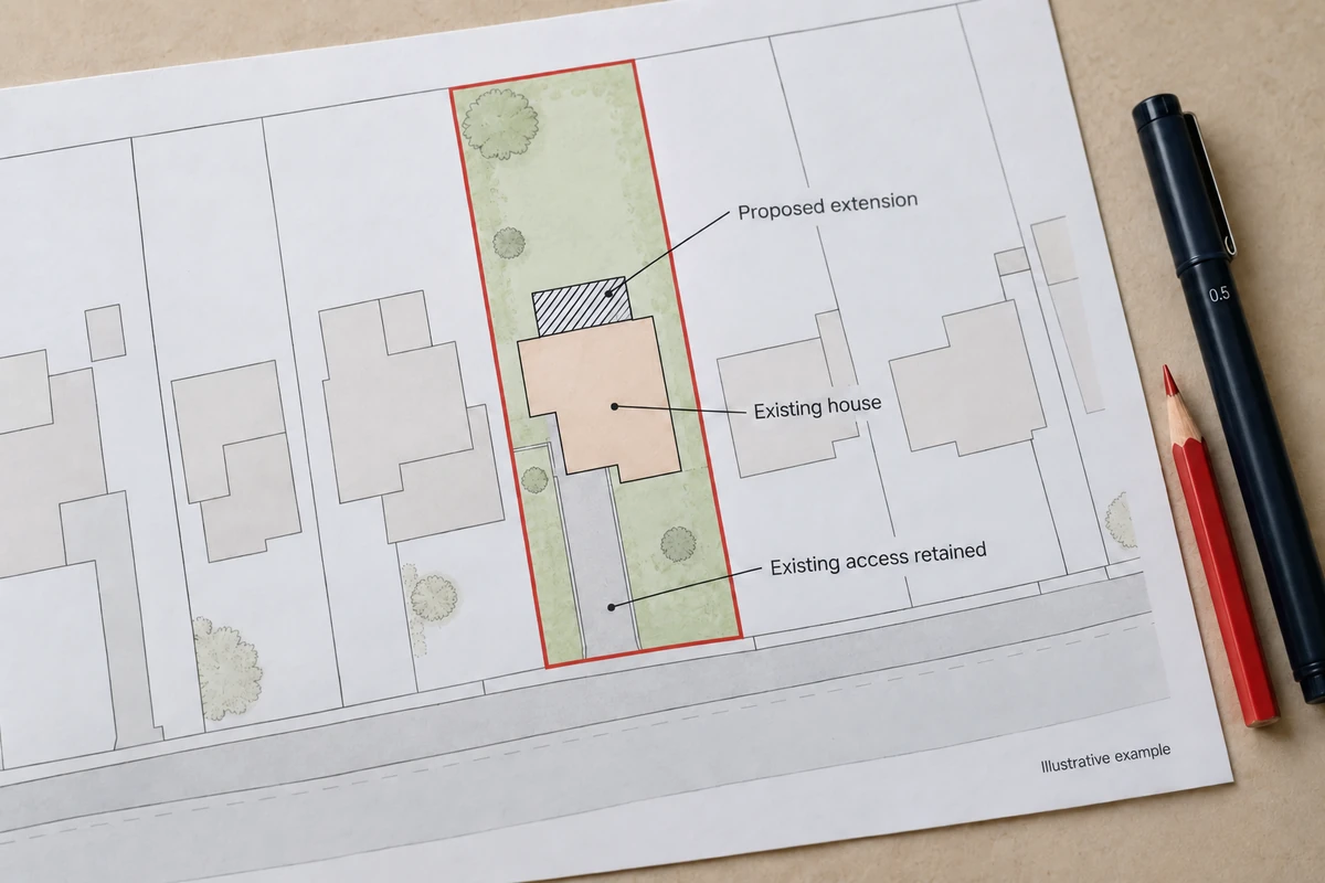 Illustrative block plan showing a proposed rear extension, existing house and retained access, with clear labels and a red site boundary.