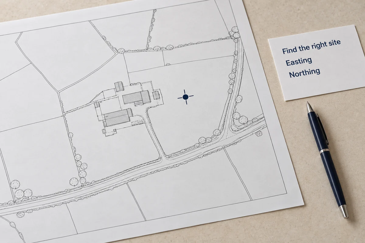 Illustrative rural site map with a navy location marker beside a note labelled Easting and Northing.