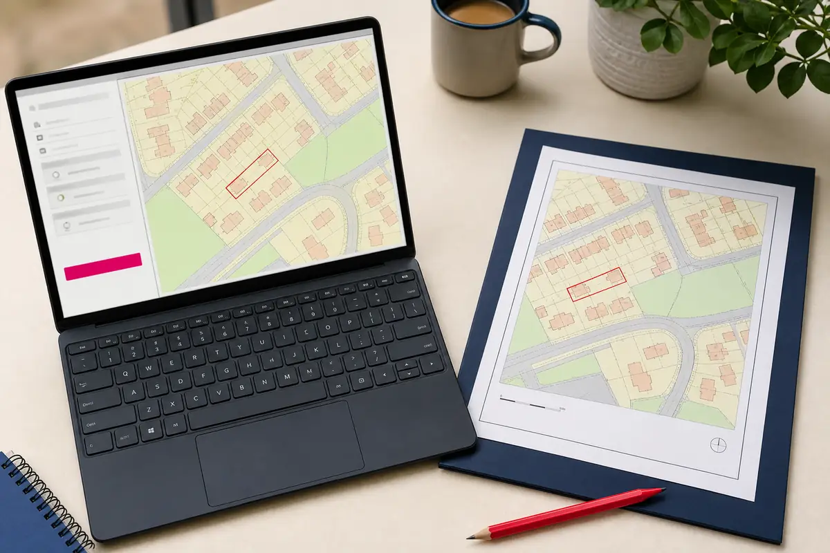 Location plan shown on a laptop beside a printed planning map