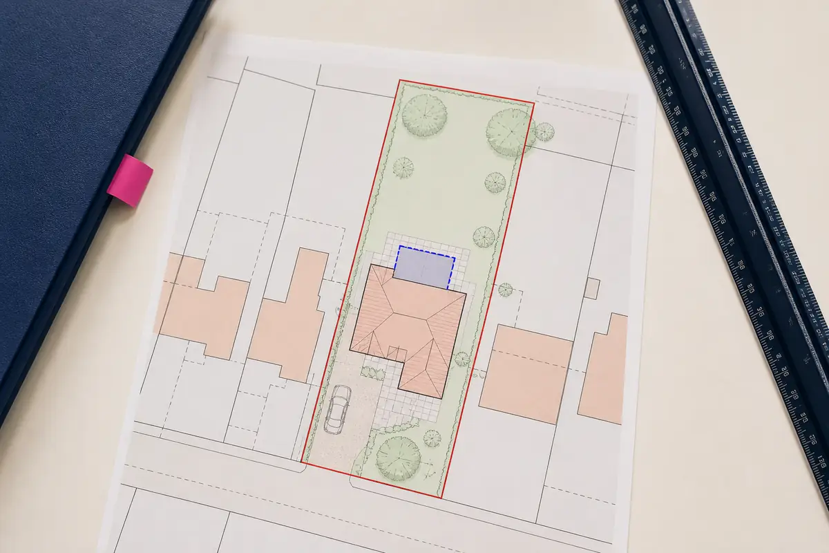 Detailed site plan showing a red boundary and proposed extension