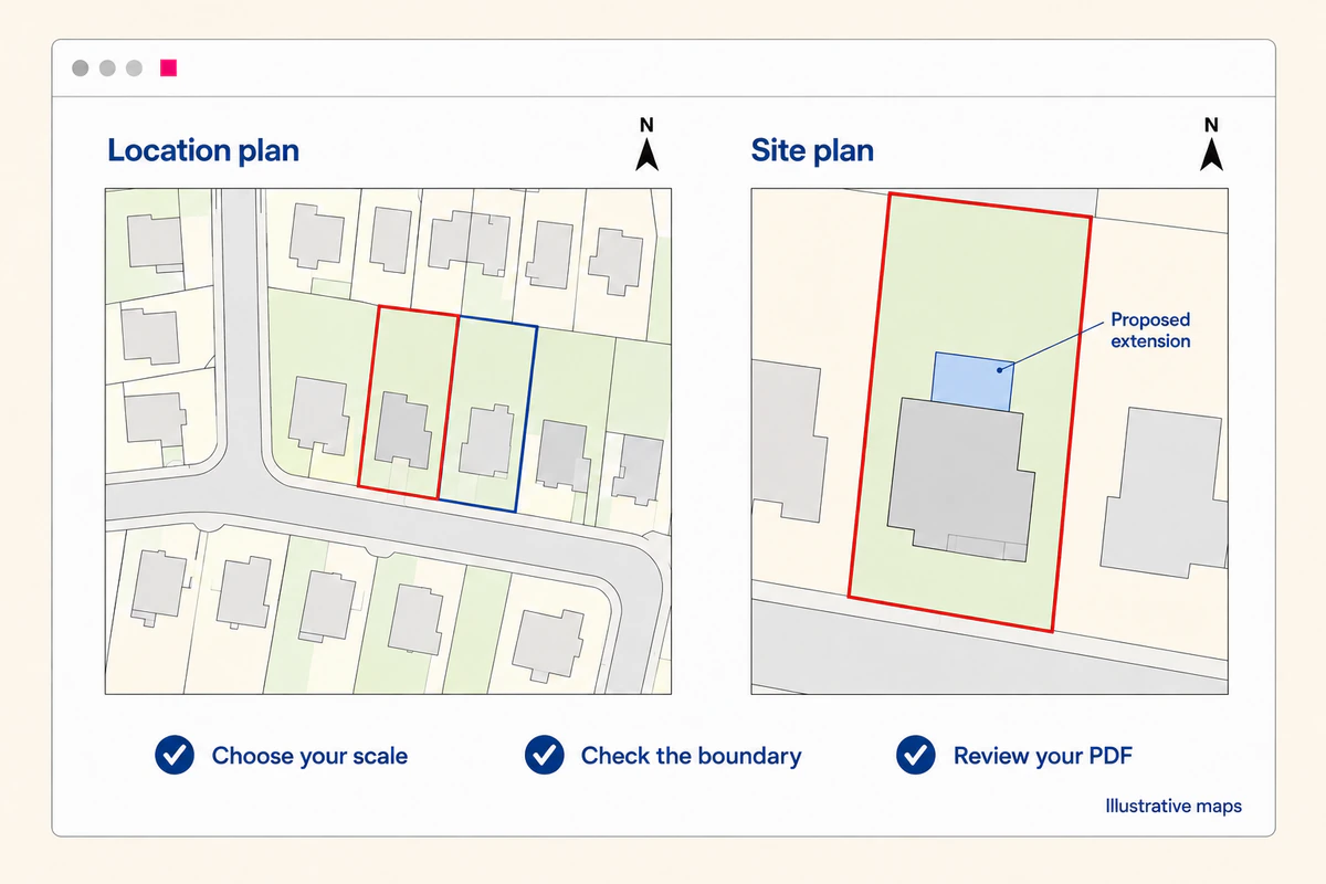 Illustrative location and site plans showing the same property, a red application boundary, adjoining land outlined in blue, north arrows and a proposed extension.