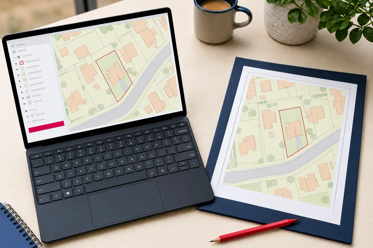 Laptop displaying a site map with a red application boundary beside a matching printed plan on a navy folder, with a red pencil on a beige desk.