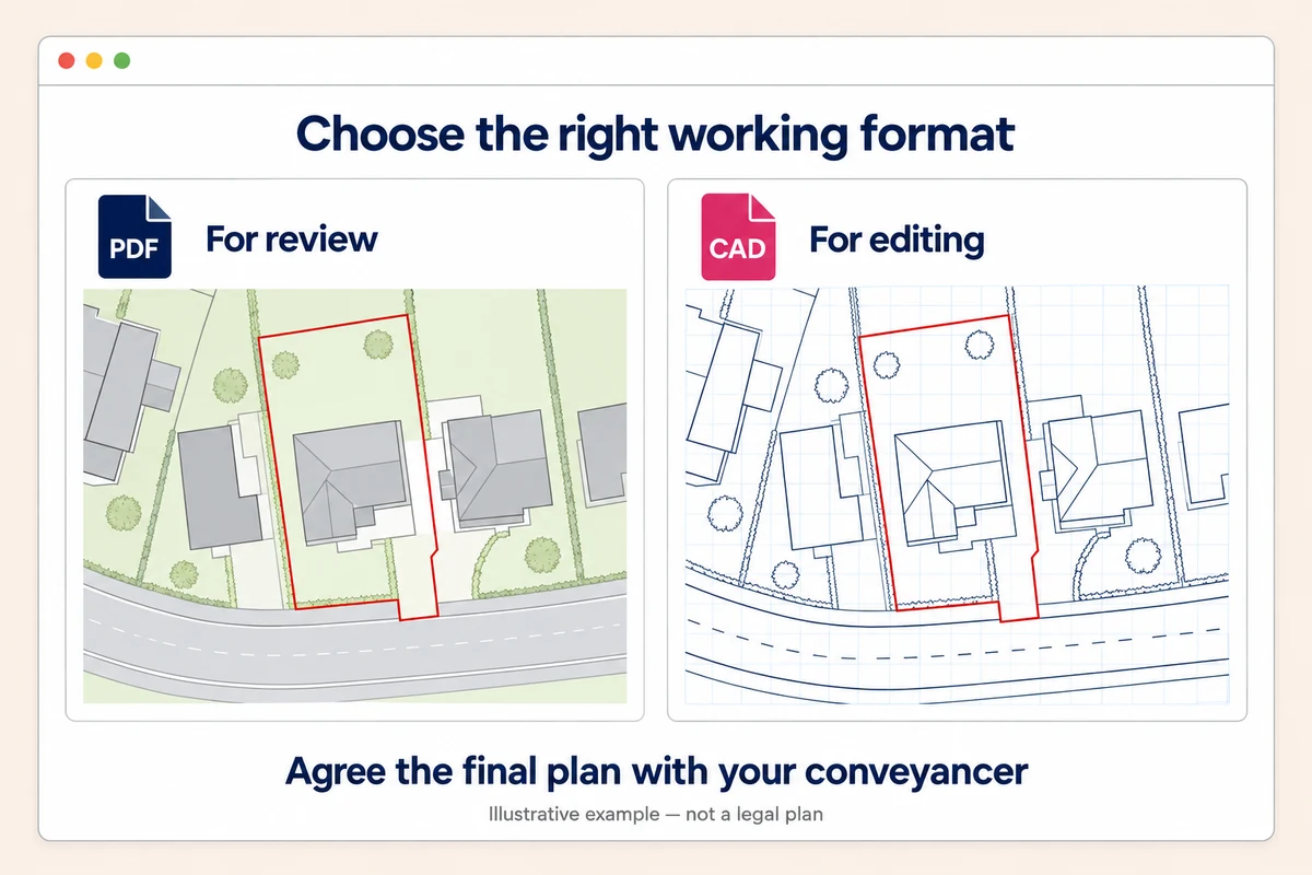 Illustration comparing PDF mapping for review with editable CAD mapping, showing the same fictional property and a reminder to agree the final plan with your conveyancer. Not a legal plan.