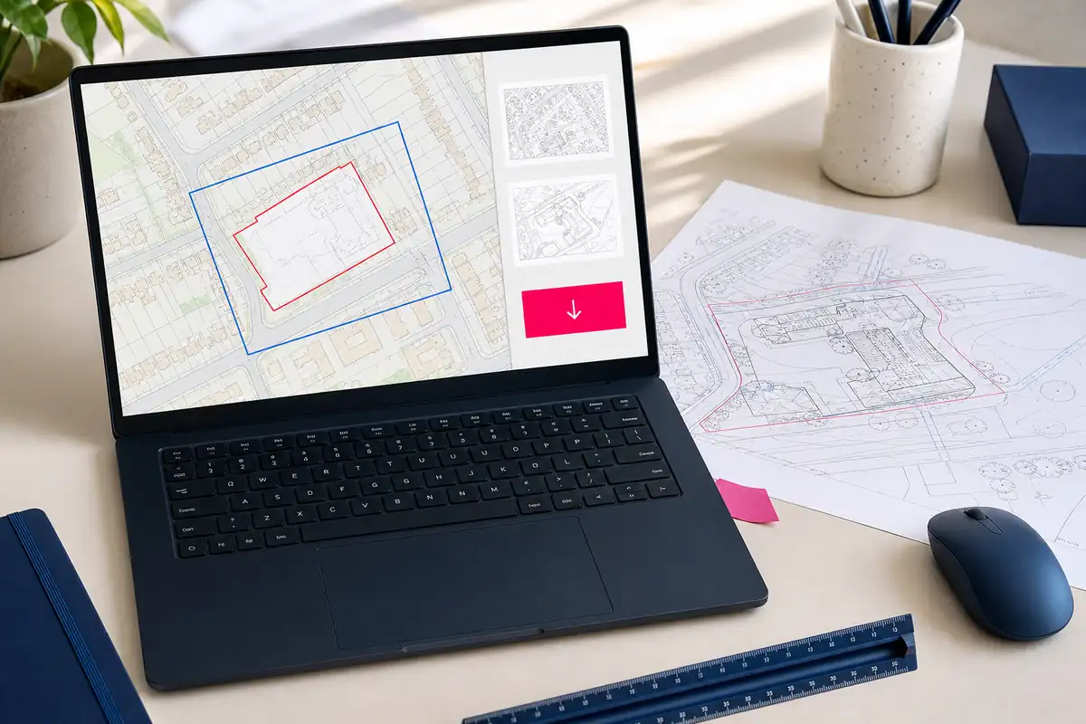 Laptop showing a CAD map download area beside a matching printed planning drawing