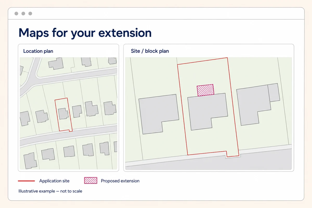 Illustrative location plan beside a detailed site plan, showing the application site in red and a proposed rear extension in magenta hatching.
