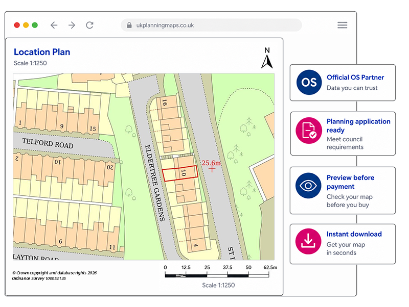 Example location plan including red boundary, North point and scale.