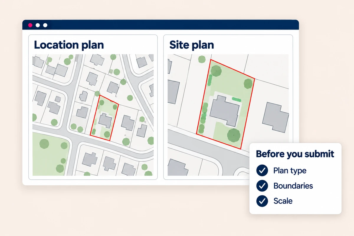 Illustration of location and site plan sheets showing the same red-outlined property, beside a checklist for plan type, boundaries and scale.