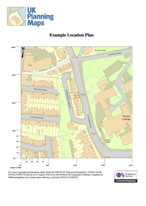 Example location plan with red boundary, North point and scale.