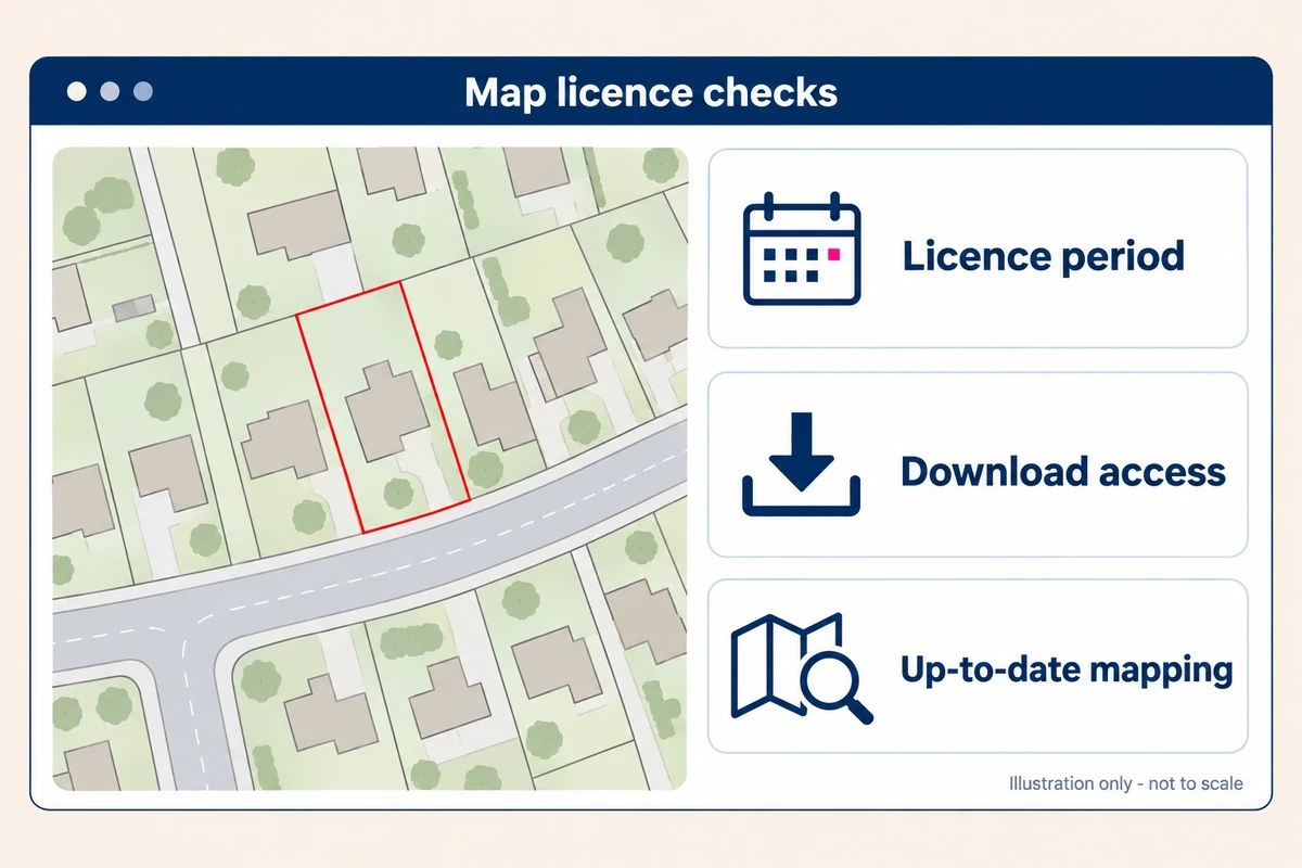 Illustrated planning map with a red site boundary beside three checks: licence period, download access and up-to-date mapping.