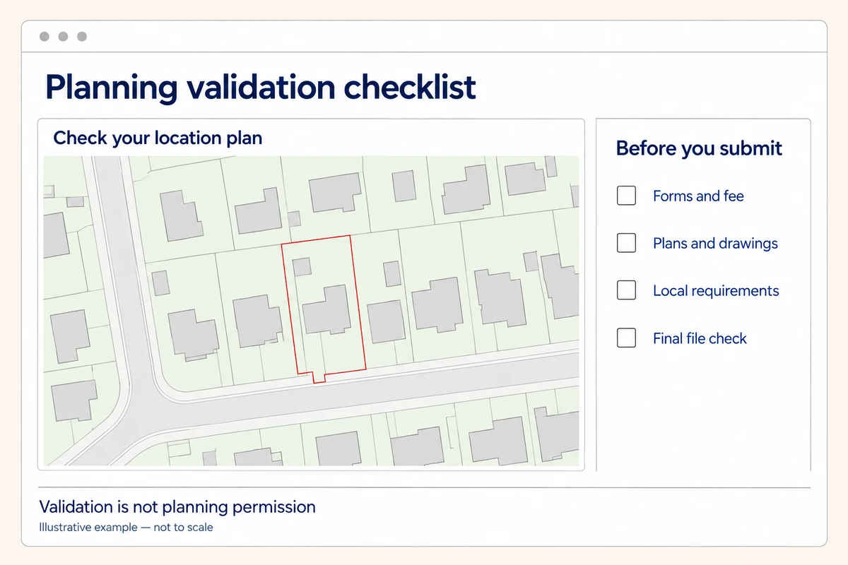 Location-plan-style preview with a red application boundary beside a planning validation checklist in a white browser window.