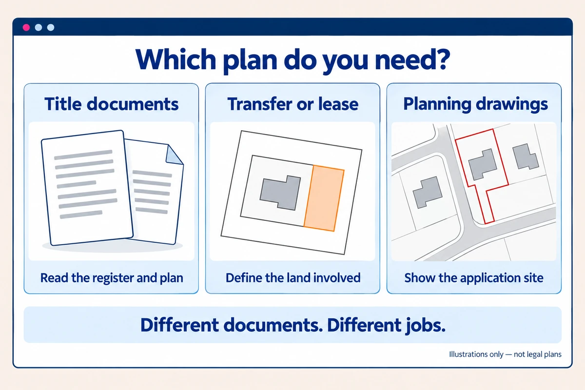 Illustration comparing title documents, a transfer or lease plan and planning drawings, showing the different purpose of each.