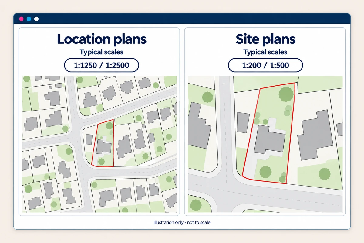 Illustration of location and site plans, with common scale options of 1:1250, 1:2500, 1:200 and 1:500.