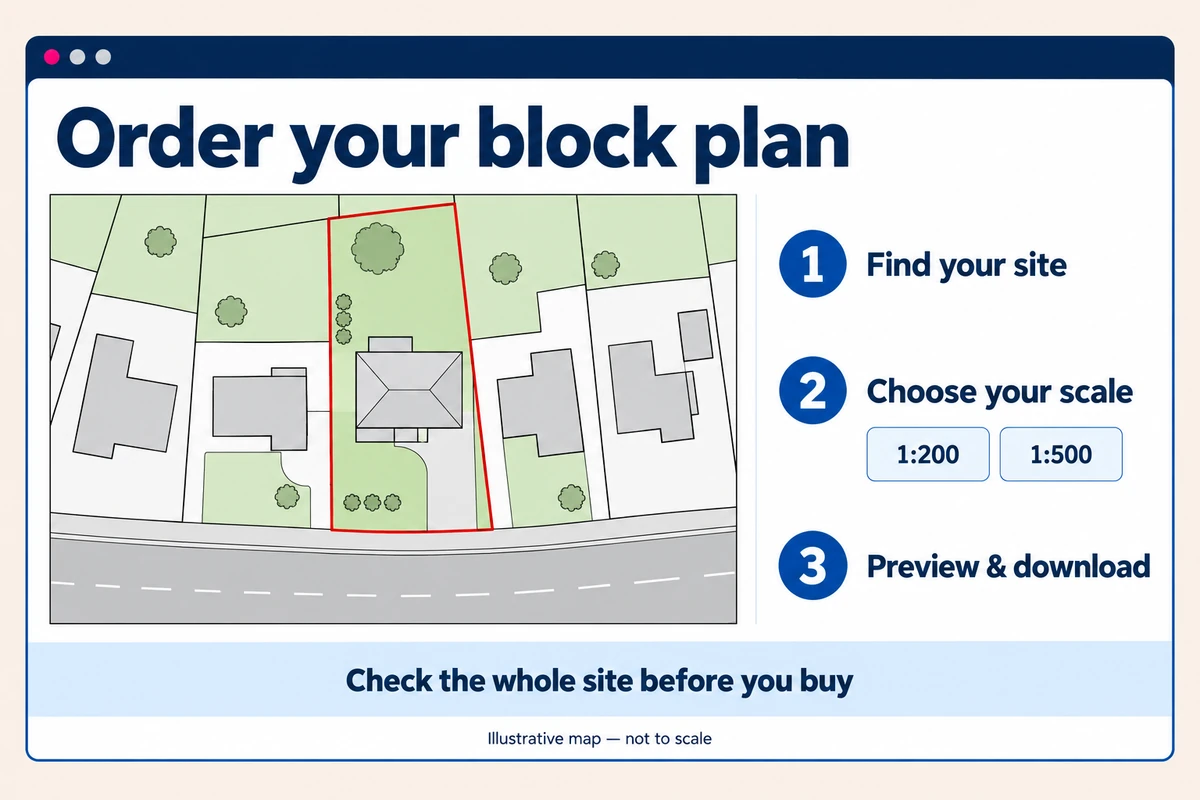 Illustrative block plan with a red boundary around a house, garden and driveway, beside steps to find the site, choose the scale and preview the plan.