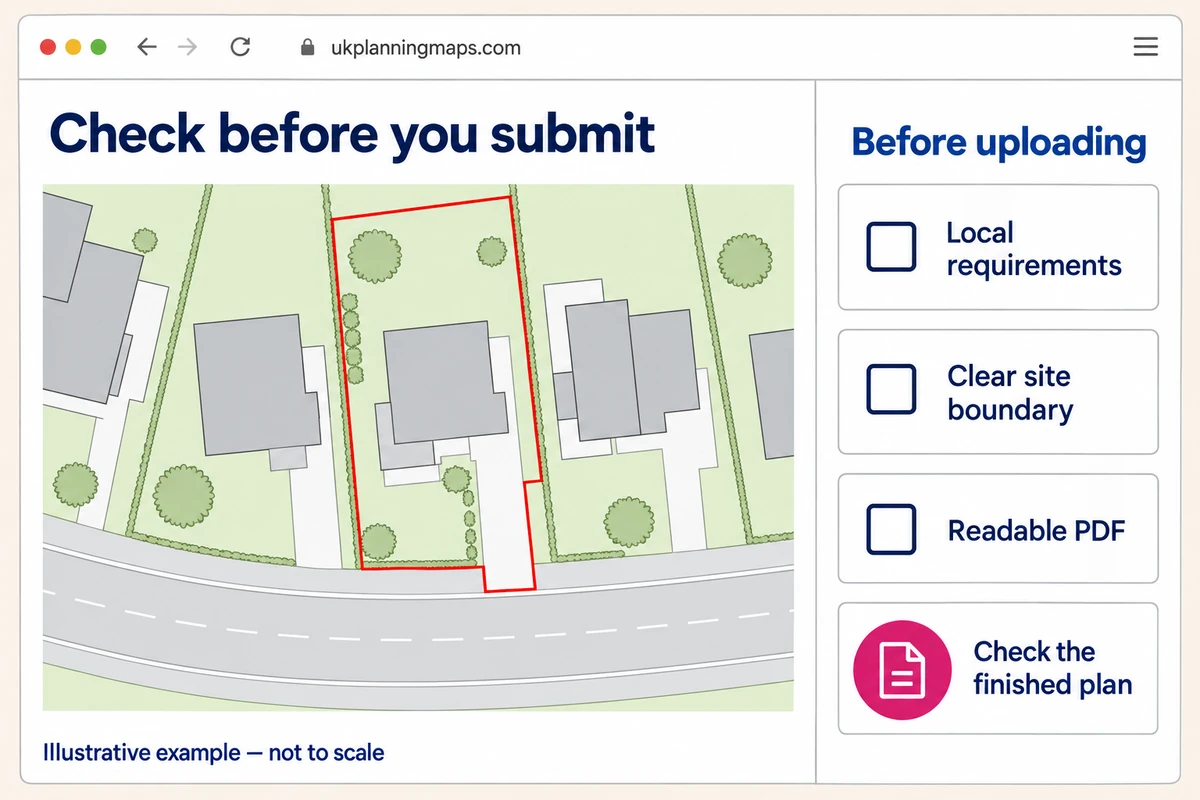 Illustrative planning map with a red site boundary alongside reminders to check local requirements, clear boundaries and the finished PDF before submission.