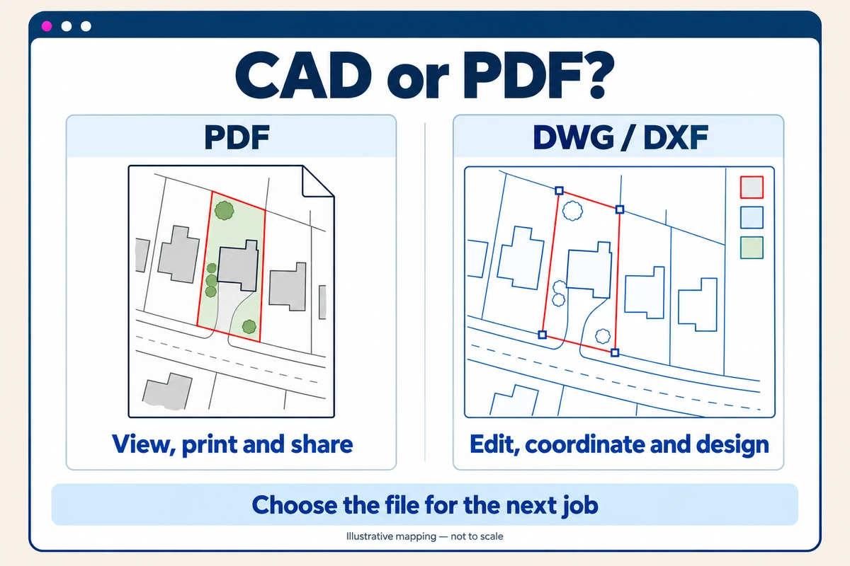 Illustration comparing a PDF site plan for viewing and printing with editable DWG and DXF mapping showing layers and selection points.