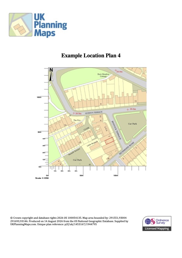 Acceptable 1:1,250 house location plan showing the whole residential property outlined in red.