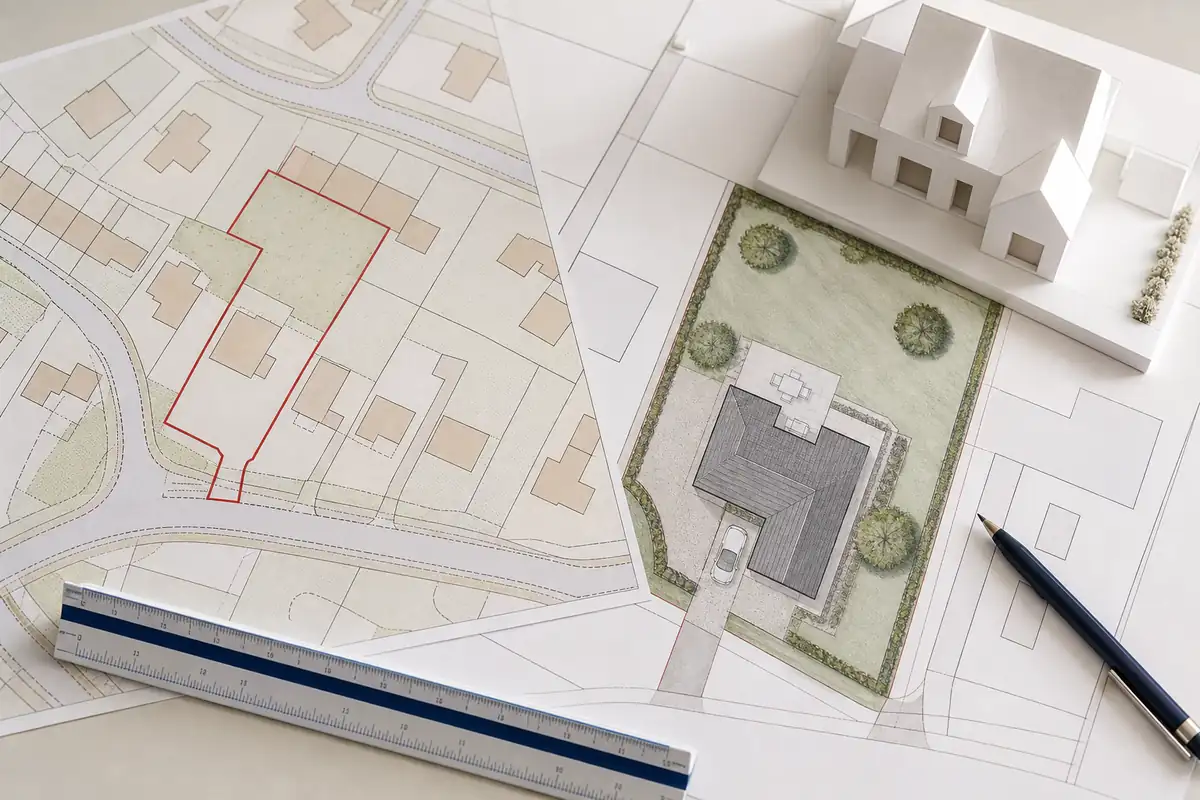 Self-build planning map with a red plot boundary beside a proposed house site plan and model