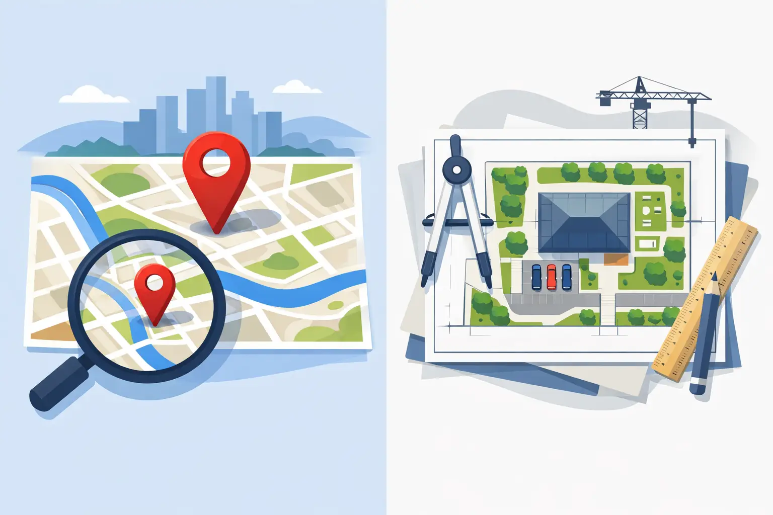 An image showing a stylised plot location on the left and a block on the right