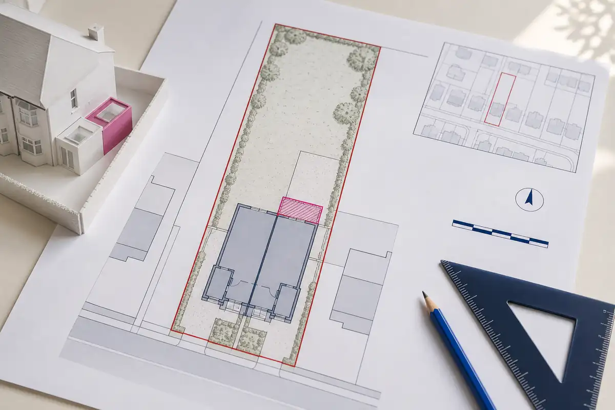 Extension block plan and model showing a proposed rear addition within the red site boundary