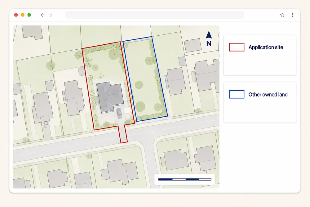 Planning map showing a red application boundary and a separate blue ownership boundary