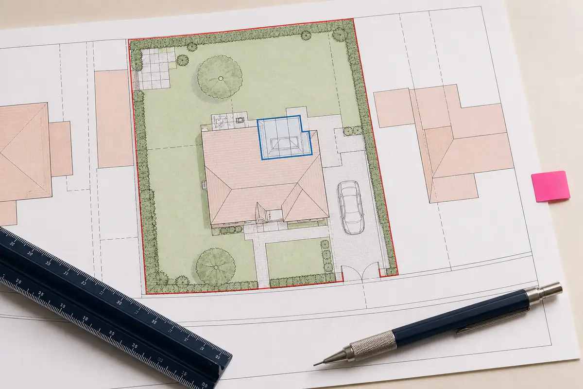 Detailed block plan showing a property boundary and proposed extension