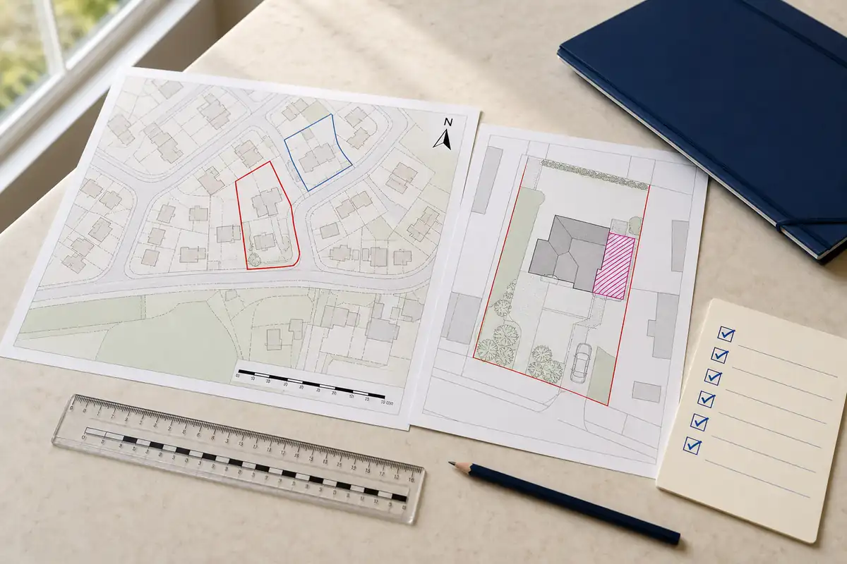 Location and site plans with red and blue boundaries beside a council submission checklist