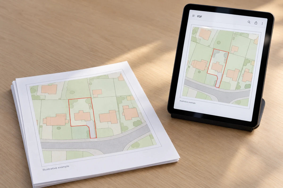 A planning map displayed as a PDF on a tablet beside matching printed copies on a beige desk.