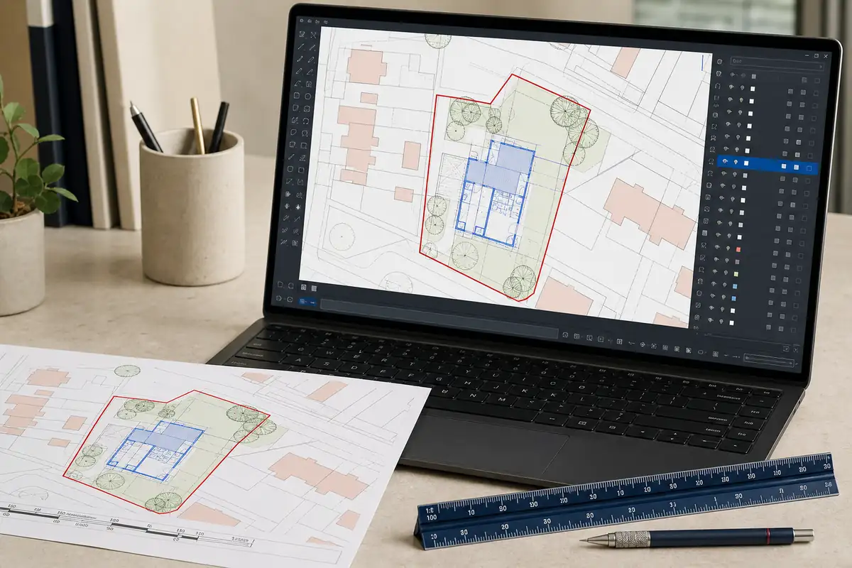 Architectural CAD workspace showing a DWG planning map with editable site layers