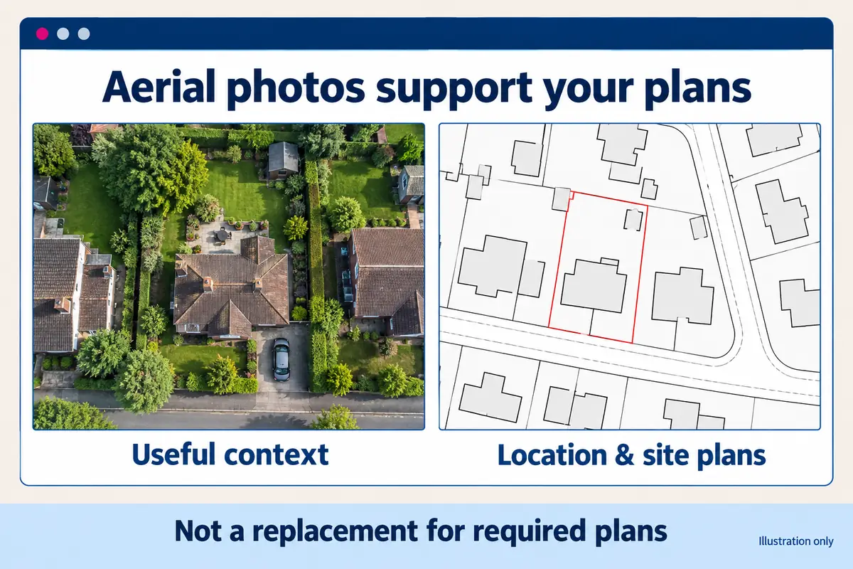 Illustrative aerial view of a house and garden beside a line-drawn planning map, showing aerial imagery as context rather than a replacement for required plans.